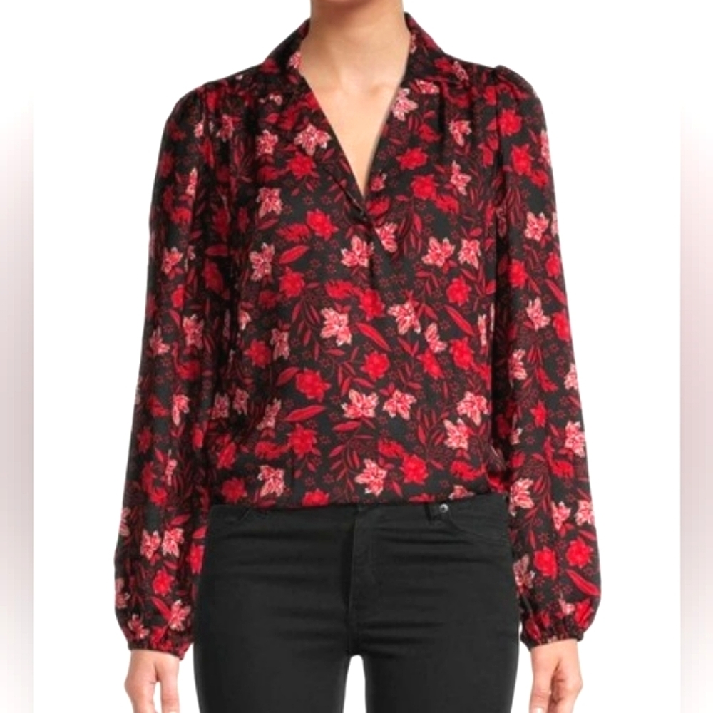 Walter Baker Darla Floral Notch Lapel Bodysuit Red Long Sleeve Top Blouse s
